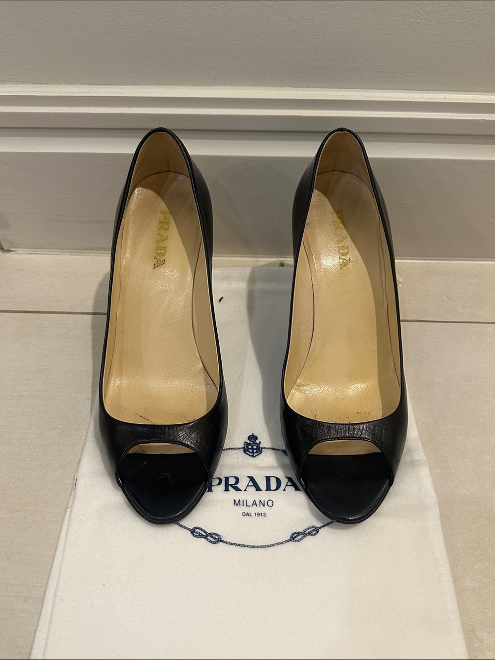 Prada Black Leather Peep-Toe Heels